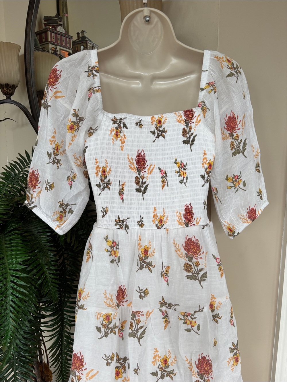 J. Gee White Boho Floral Tiered Maxi Dress Smocked Bodice Ruffle Puff Sleeves - Picture 10 of 15